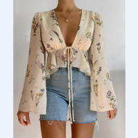 Sexy Botanical Print Ruffles Chiffon Shirt - Thumbnail 2