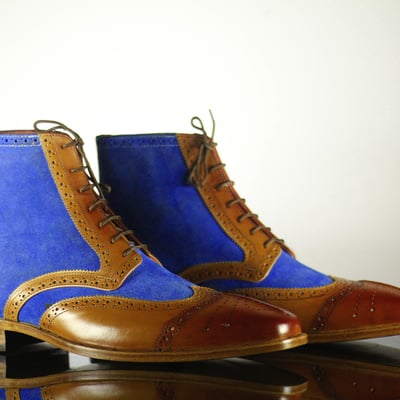 Men's handmade ankle boot,lace up boot,leather suede boot,brown & blue boot, dress boot  - Thumbnail 1