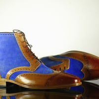 Men's Handmade Ankle Boot,Lace Up Boot,Leather Suede Boot,Brown & Blue Boot, Dress Boot  - Thumbnail 2