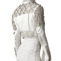 Silver Studded Cropped Leather Jacket New White Women's Genuine Leather Studded Punk Style jacket - Thumbnail 1