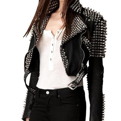 Silver studded cropped leather jacket new black women's genuine leather studded punk style jacket silver studded fashion jacket