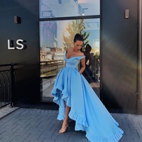 Gorgeous Ball Gown Off the Shoulder Blue High Low Prom Dresses, Fashion Evening Party Dresses - Thumbnail 1