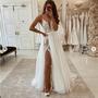 Simple A Line Tulle Wedding Dresses Spaghetti Straps Lace Side Slit Boho Wedding Dress,574-1