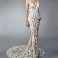 Unique Mermaid V Neck Open Back White Lace Wedding Dresses with Train,577 - Thumbnail 1