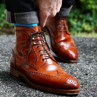Handmade Bespoke Tan wing Tip Lace up Ankle High Leather Boots - Thumbnail 1