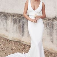 Glamorous Mermaid V Neck Open Back White Satin Wedding Dresses with Train Bridal Gowns - Thumbnail 1