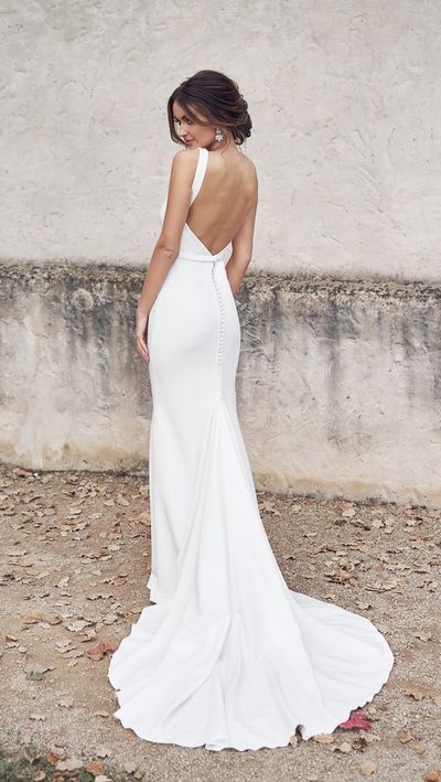 Glamorous Mermaid V Neck Open Back White Satin Wedding Dresses with Train Bridal Gowns