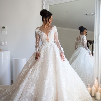 Beaded floral lace wedding dresses illusion long sleeves 2020 bridal gowns - Thumbnail 5