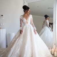 Beaded Floral Lace Wedding Dresses Illusion Long Sleeves 2020 Bridal Gowns - Thumbnail 1