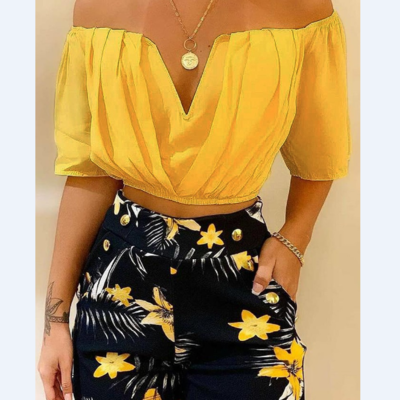 Off Shoulder Ruched Top & Tropical Print Shorts Set