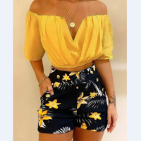 Off Shoulder Ruched Top & Tropical Print Shorts Set - Thumbnail 1