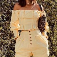 Off Shoulder Ruffles Ruched Top & Buttoned Shorts Set - Thumbnail 1