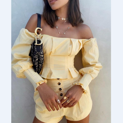 Off shoulder ruffles ruched top & buttoned shorts set - Thumbnail 4