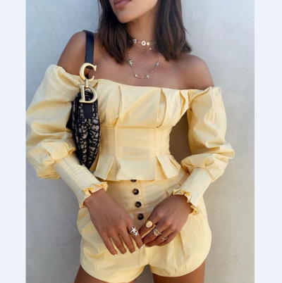 Off Shoulder Ruffles Ruched Top & Buttoned Shorts Set