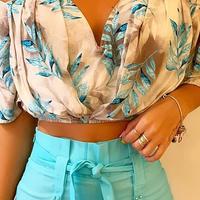 Off Shoulder Leaf Print Ruched Top & Beaded Shorts Set - Thumbnail 1