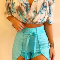 Off Shoulder Leaf Print Ruched Top & Beaded Shorts Set - Thumbnail 2