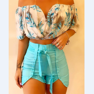 Off Shoulder Leaf Print Ruched Top & Beaded Shorts Set