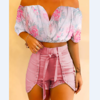 Off Shoulder Leaf Print Ruched Top & Beaded Shorts Set - Thumbnail 4