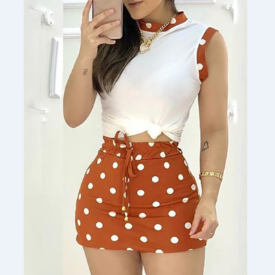 Polka dots casual tank top & mini skirt set - Thumbnail 2