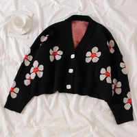 Cute Flower Preppy V Neck Loose Flower Knit Cardigan Sweater Korean Japanese Harajuku Chinese Streetwear Fashion - Thumbnail 1