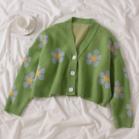 Cute Flower Preppy V Neck Loose Flower Knit Cardigan Sweater Korean Japanese Harajuku Chinese Streetwear Fashion - Thumbnail 3