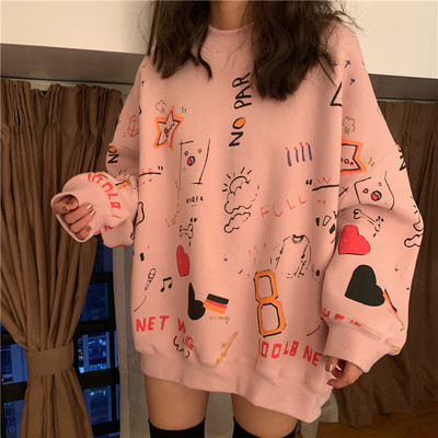 Cute pastel print oversized sweater hoodie pullover korean japanese harajuku chinese retro streetwear aesthetic fashion - Thumbnail 5