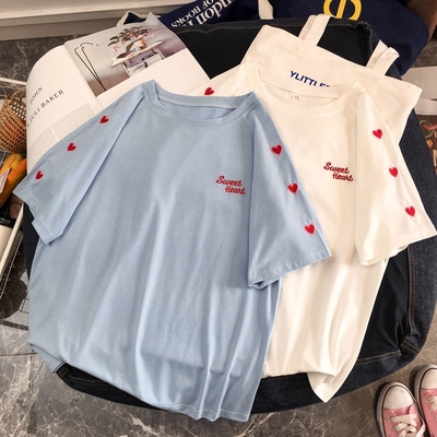 Cute sweet heart embroidery shirt t-shirt tee top kawaii korean japanese harajuku chinese retro streetwear aesthetic fashion - Thumbnail 5
