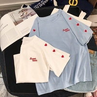 Cute Sweet Heart Embroidery Shirt T-shirt Tee Top Kawaii Korean Japanese Harajuku Chinese Retro Streetwear Aesthetic Fashion - Thumbnail 3