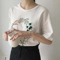 Cute Flower Plant Print Embroidery Shirt T-shirt Tee Top Kawaii Korean Japanese Harajuku Chinese Retro Streetwear Aesthetic Fashion - Thumbnail 1