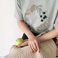 Cute Flower Plant Print Embroidery Shirt T-shirt Tee Top Kawaii Korean Japanese Harajuku Chinese Retro Streetwear Aesthetic Fashion - Thumbnail 5