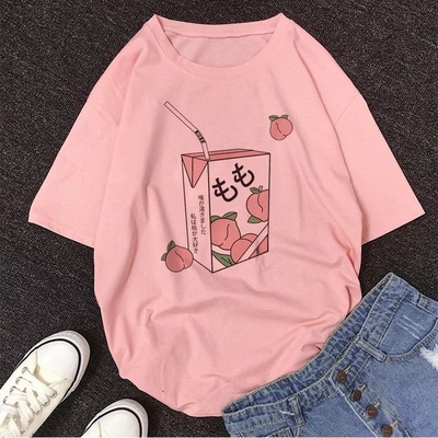 Cute Pink Peach Juice Drink Pastel Short Sleeve Shirt T-shirt Tee Top Kawaii Korean Japanese Harajuku Chinese Retro Streetwear Aesthetic Fashion