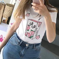Cute Pink Peach Juice Drink Pastel Short Sleeve Shirt T-shirt Tee Top Kawaii Korean Japanese Harajuku Chinese Retro Streetwear Aesthetic Fashion - Thumbnail 3
