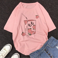 Cute Pink Peach Juice Drink Pastel Short Sleeve Shirt T-shirt Tee Top Kawaii Korean Japanese Harajuku Chinese Retro Streetwear Aesthetic Fashion - Thumbnail 4