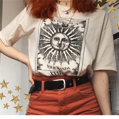 Cute Tarot Card Sun Moon Print Short Sleeve Shirt T-shirt Tee Top Kawaii Korean Japanese Harajuku Chinese Retro Streetwear Aesthetic Fashion