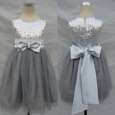 Grey flower girl dresses with bowknot - Thumbnail 4