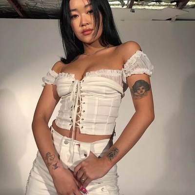 Cute Sexy Lace Up Ruffle Crop Top Short Sleeve Shirt T-shirt Tee Top Kawaii Korean Japanese Harajuku Chinese Retro Streetwear Aesthetic Fashion