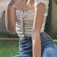 Cute Sexy Lace Up Ruffle Crop Top Short Sleeve Shirt T-shirt Tee Top Kawaii Korean Japanese Harajuku Chinese Retro Streetwear Aesthetic Fashion - Thumbnail 4