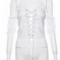 Cute Sexy Lace Up Ruffle Crop Top Short Sleeve Shirt T-shirt Tee Top Kawaii Korean Japanese Harajuku Chinese Retro Streetwear Aesthetic Fashion - Thumbnail 8