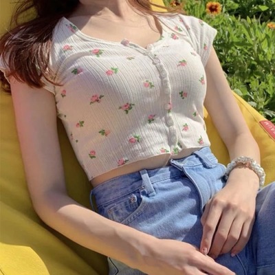 Cute Flower Rose Button Up Crop Top Short Sleeve Shirt T-shirt Tee Top Kawaii Korean Japanese Harajuku Chinese Retro Streetwear Aesthetic Fashion