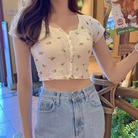 Cute Flower Rose Button Up Crop Top Short Sleeve Shirt T-shirt Tee Top Kawaii Korean Japanese Harajuku Chinese Retro Streetwear Aesthetic Fashion - Thumbnail 3