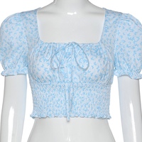 Cute Floral Butterfly Puff Tie Up Crop Top Short Sleeve Shirt Tee T-shirt Kawaii Korean Japanese Harajuku Chinese Retro Streetwear Aesthetic Fashion - Thumbnail 8