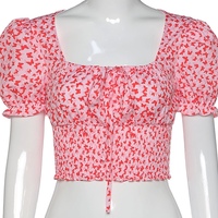 Cute Floral Butterfly Puff Tie Up Crop Top Short Sleeve Shirt Tee T-shirt Kawaii Korean Japanese Harajuku Chinese Retro Streetwear Aesthetic Fashion - Thumbnail 3