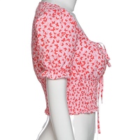 Cute Floral Butterfly Puff Tie Up Crop Top Short Sleeve Shirt Tee T-shirt Kawaii Korean Japanese Harajuku Chinese Retro Streetwear Aesthetic Fashion - Thumbnail 4