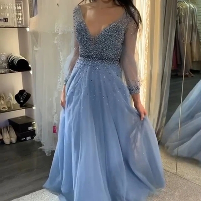 Charming a-line v neck long sleeves blue tulle beaded long prom evening dresses - Thumbnail 5