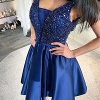 Cute A-Line V Neck Navy Blue Satin Beaded Short Prom Homecoming Dresses - Thumbnail 1