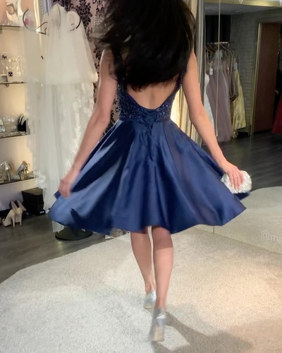 Cute A-Line V Neck Navy Blue Satin Beaded Short Prom Homecoming Dresses