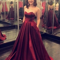 Simple A-Line Sweetheart Burgundy Satin Long Prom Evening Party Dresses Formal Gowns - Thumbnail 1
