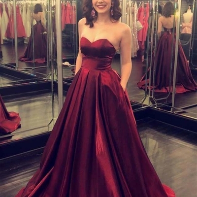 Simple a-line sweetheart burgundy satin long prom evening party dresses formal gowns - Thumbnail 5