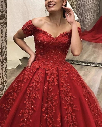 Ball Gown Off the Shoulder Red Lace Prom Dresses Quinceanera Dresses 