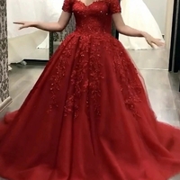 Ball Gown Off the Shoulder Red Lace Prom Dresses Quinceanera Dresses  - Thumbnail 3